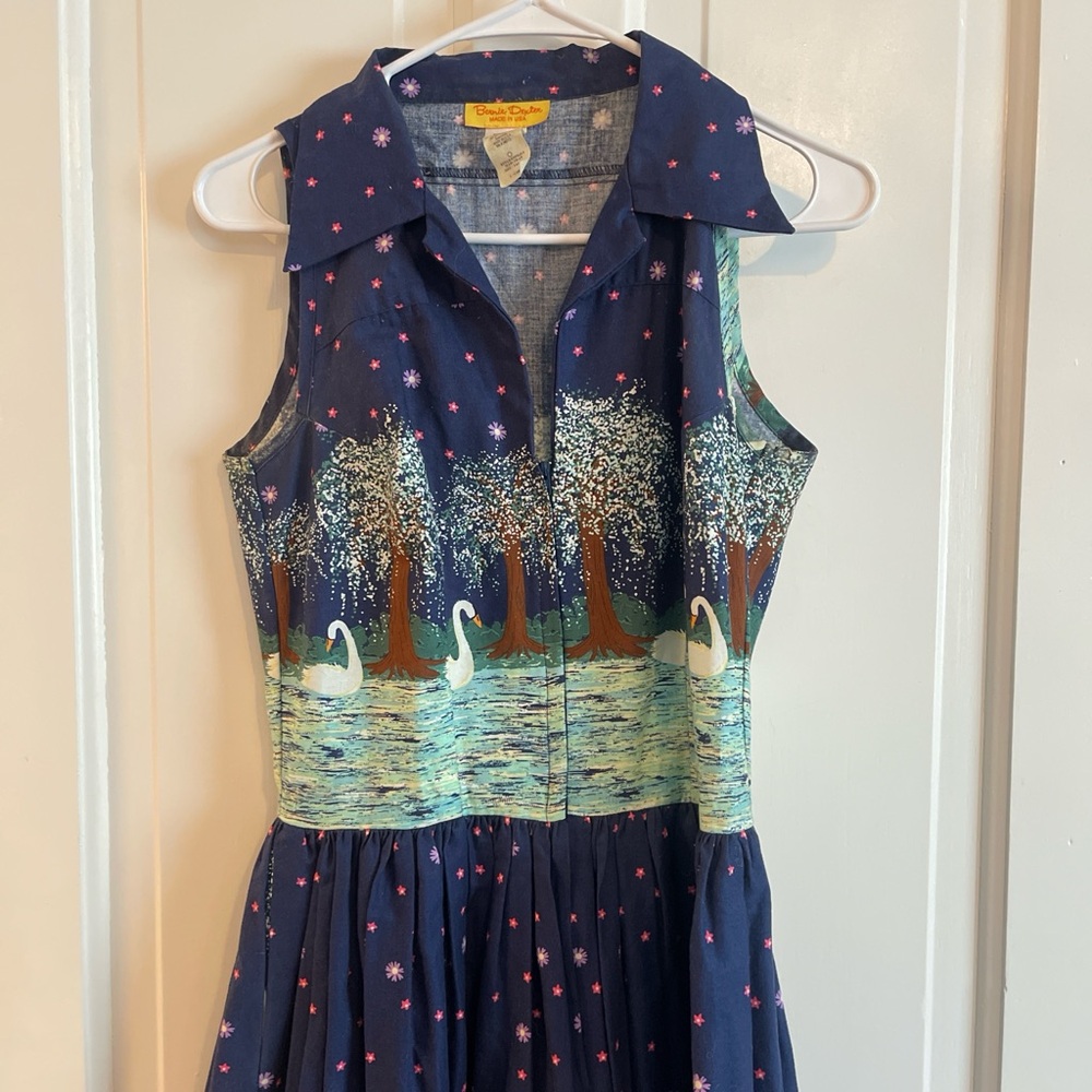 Bernie Dexter Navy Dress with Swan and Tree Print